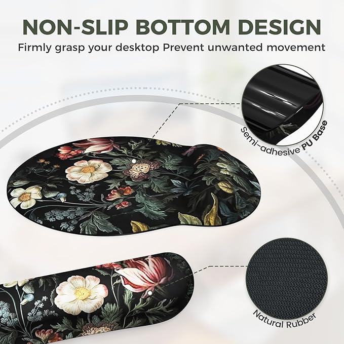 iCasso Desk Cover Mat, 4in1 Floral Large Mouse Pad with Wrist Rest, Desk Matt for Desktop, Anti-Slip XXL Big Computer Ergonomic Mousepad with Wrist Support for Keyboard and Mouse (Elegant Flowers)