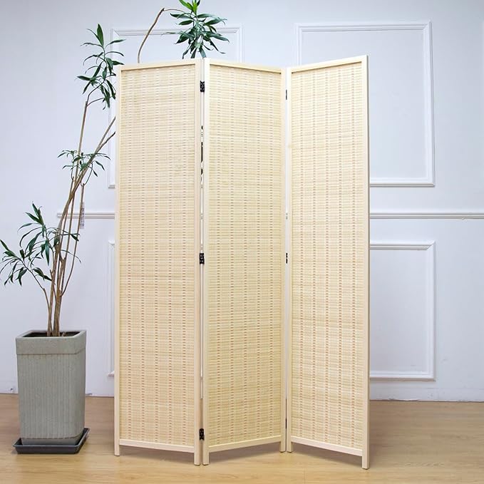 3 Panel Room Divider and Folding Panel Screen,Bamboo Panel Divider Screen for Room Separation,Beige,67" H x 46" W