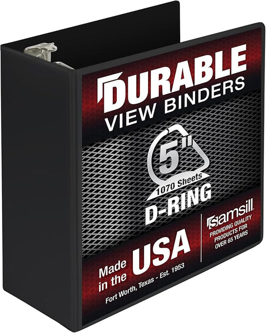 Samsill Durable 5 Inch Binder, Made in The USA, D Ring Binder, Customizable Clear View Cover, Charcoal Black, Holds 1050 Pages