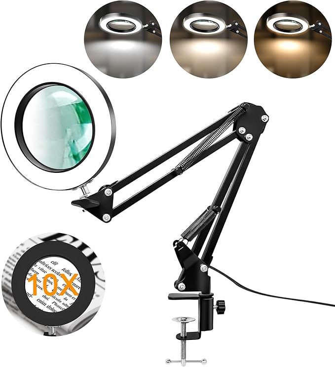 10X Magnifier Desk Lamp, 2-in-1 LED Magnifying Glass with Light and Clamp, Hands-Free Lighted Magnifier with 3 Color Modes for Craft Hobby Nail Repair Reading Close Works (Black, Clamp)