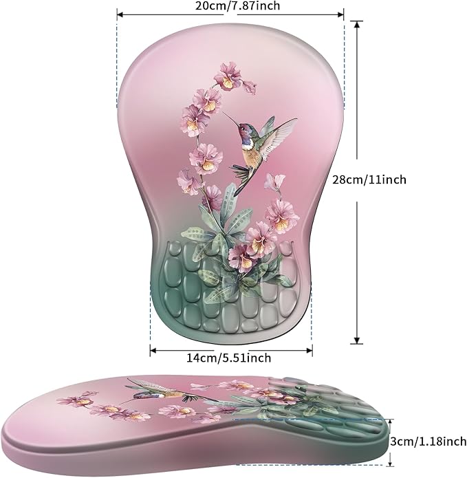 YIWEI Ergonomic Mouse Pad with Wrist Rest Support, Mousepad with Comfortable Memory Foam Wrist Rest and Non-Slip PU Base for Pain Relief, Computer, Laptop, Office, Home (Hummingbird)