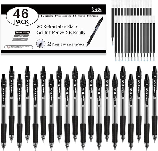 46 Pack Black Gel Ink Pens (20 Gel Pens with 26 Refills) Medium Point Retractable Writing Smooth Writing with Comfortable Grip for Office School