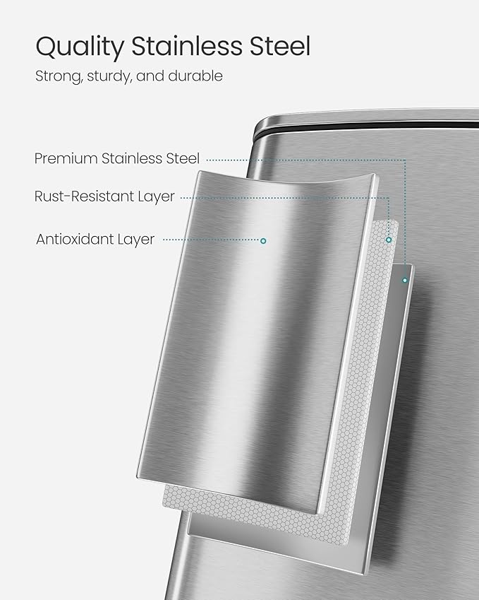 SONGMICS Kitchen Trash Can, 5.2-Gallon (20 L) Trash Bin, Stainless Steel Garbage Can, with Inner Bucket, Soft Close and Stays Open, Metallic Silver ULTB592E01