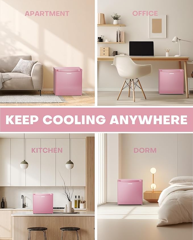Upstreman 1.7 Cu.ft Mini Fridge with Freezer, Dorm Essentials, Adjustable Thermostat, Energy Saving, Low Noise, Single Door Compact Refrigerator for Dorm, Office, Bedroom, Pink-FR17