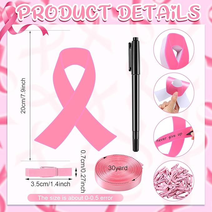 Kosiz 100 Pack Large Pink Ribbon Set 100 Breast Cancer Awareness Cutouts 2 Marker Pens 100 Wooden Clips with Rope Pink Ribbon Breast Cancer Awareness Items for Women Charity Support Supplies