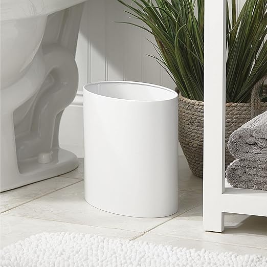 mDesign Stainless Steel Metal Oval Trash Can, 7.9 Liter/2.09 Gallon Wastebasket, Garbage Basket Bin for Bathroom, Bedroom, Kitchen, Home Office, Holds Waste and Recycle, Mirri Collection, White
