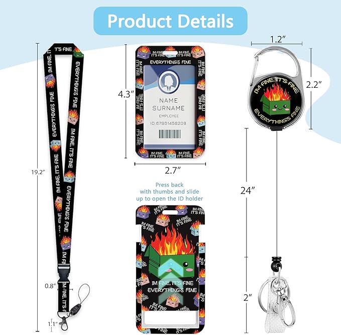 Dumpster on Fire Badge Reels Retractable Heavy Duty, Funny ID Badge Holder with Detachable Lanyard, 360° Swivel Carabiner Belt Clip, I'm Fine It`s Fine Everything is Fine