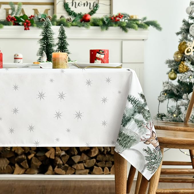 Horaldaily Christmas Tablecloth 60×104 Inch Rectangular, Deers Snowman Trees White Washable Table Cover for Party Picnic Dinner Decor