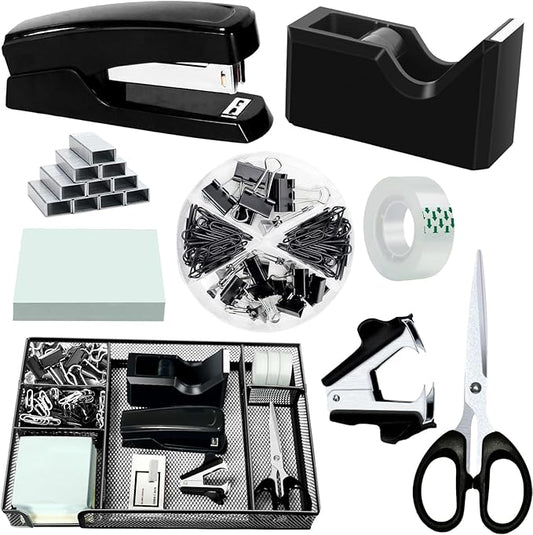 Black Office Desk Accessories, Black Office Supplies Set, Desk Drawer Organizer,Stapler and Tape Dispenser Set,Tape,Staple Remover, Staples, Paper Clips, Scissor and Sticky Note