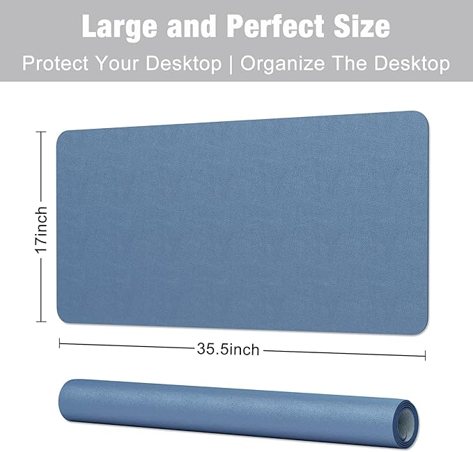 Hsurbtra Desk Pad, 35.5" x 17" PU Leather Desk Mat, XXL Extended Mouse Pad, Waterproof Desktop Blotter Protector, Non-Slip Ultra Thin Large Laptop Keyboard Writing Mat for Office Home, Dark Blue