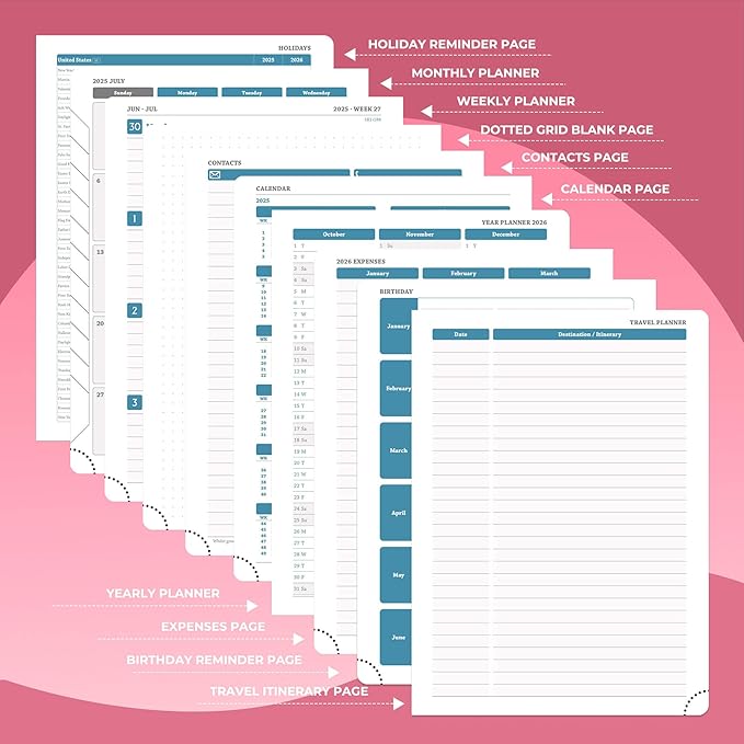 Planner 2025-2026 Daily Weekly and Monthly,11.5"x8.5",18 Months Spiral Bound Calendar Agenda with Self-adhesive Pen Holder,2026 Academic Plan with Vegan Leather Soft Cover,Rose Red