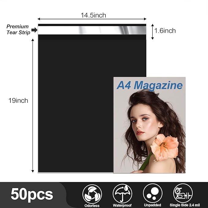 JinRuiKJ Thank You Poly Mailer 14.5x19 Inch 50 PCS, Shipping Bags for Clothing, Packaging Bags for Small Business, Strong Adhensive, Waterproof and Tear-Resistant Mailing Envelopes, Black