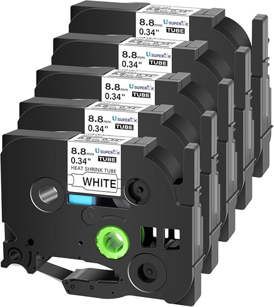 USUPERINK 5 PK Compatible for Brother Ptouch HSe-221 HSe221 HS-221 HS221 8.8mm Black on White Heat Shrink Tube Label Tape use in PT-D210 PT-D400 PT-E300 PT-E500 PT-P750WVP Label Maker (0.34''x 4.92ft)