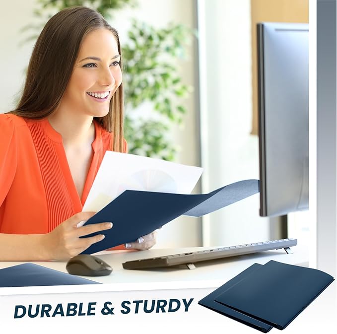 Yeaqee 30 Pcs Plastic Folders with Pockets and Prong Plastic Folders with 2 Pockets Pocket for Office, School for Students, Teachers, Office Workers (Navy Blue)