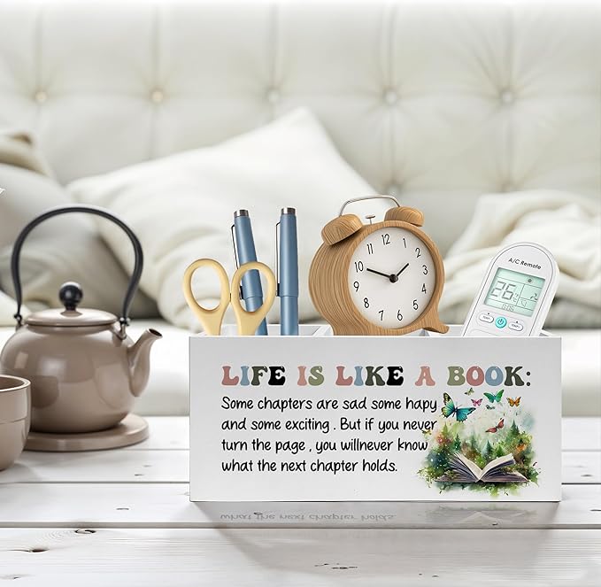 Inspirational Pencil Pen Holder for Desk, Life Is Like A Book Wooden Pencil Holder Organizer for Home Office Library Desk Accessories, Encouragement Gifts for Women