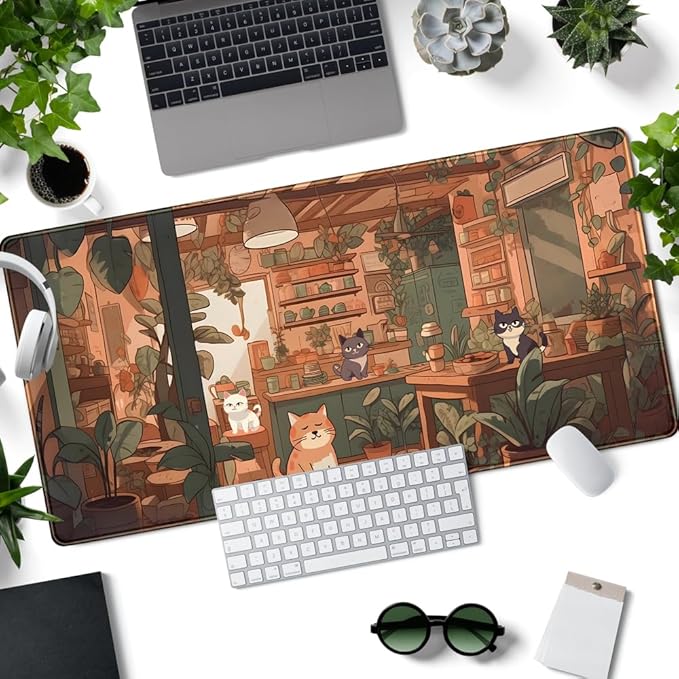 Rown Cute Cat & Puppy Mouse Pad - Green, Bonsai Aesthetic, XXL 31.5x15.7 in Desktop & Laptop Keyboard Pad for Office & Home