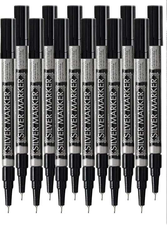 Metallic Permanent Paint Markers, Silver, Extra Fine Point (0.5mm), 12 Count, Bundle with Plastic Reusable Pouch