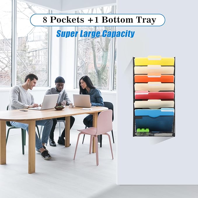 EASEPRES Desk File Organizer Mesh 9-Tier, Hanging Wall Mount Document Organization Stand, Desktop Vertical Mail Paper Folder Holder Rack with Bottom Tray for Office Home Cubicle Countertop, Black