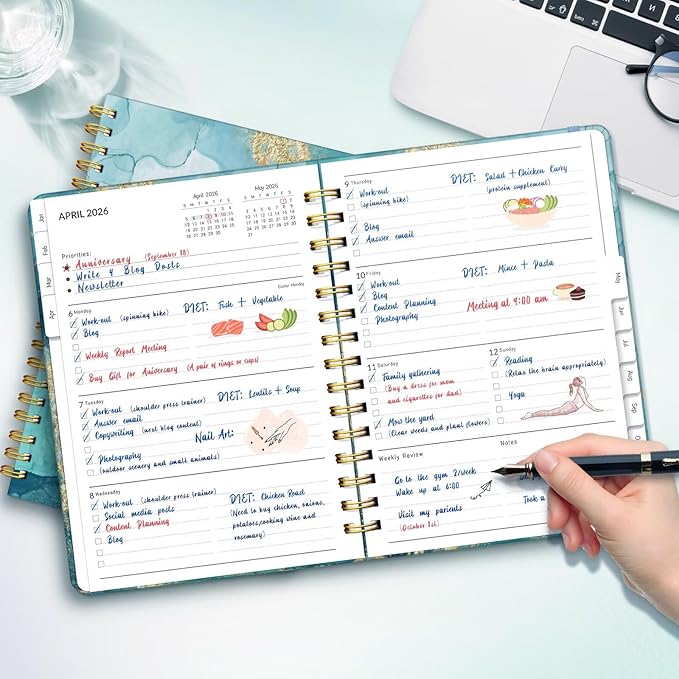 2026 Planner, A5 Weekly and Monthly Planners with Tabs, Spiral Bound Daily Calendar 2026 Planner, Agenda Organizers from Jan. to Dec., Hardcover Habit Tracker Journal 6.18" x 8.5"(Grey Marble)