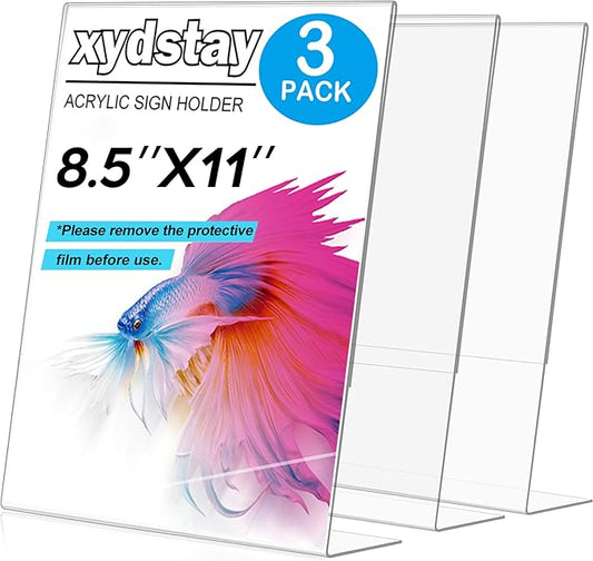 3 pack 8.5x11 Acrylic Sign Holder for Picture Frames, L Shape Clear Plastic, Plastic Sign Holder,Menu Holder, Unbreakable Table Sign Holder for Restaurant, Office, School, Store and Home Use
