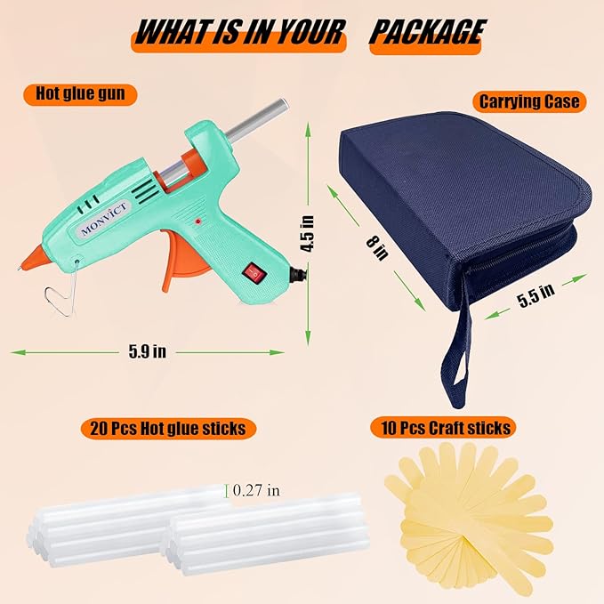 MONVICT Hot Glue Gun Kit, Mini Glue Gun with Carrying Case,20 Pcs Premium Glue Sticks, 10 Pcs Wood Craft sticks, Fast Preheating Hot Melt Glue Gun for School Crafts DIY Arts Gift (Cyan, 30Watts)