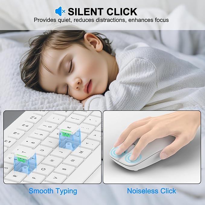 Wireless Keyboard and Mouse Combo, Full Size Silent Ergonomic Keyboard and Mouse, Long Battery Life, Optical Mouse, 2.4G Lag-Free Cordless Mice Keyboard for Computer, Mac, Laptop, PC, Windows(White)