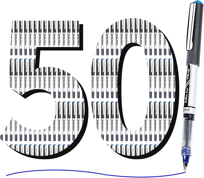 EYEYE 0.7mm Liquid Ink Blue Pens Roller Ball, 50 Pack Rollerball Pen Medium Point Quick Dry, Blue Ink Pens Fine Point Smooth Writing Pens for Journaling, Note Taking, Office and School Supplies
