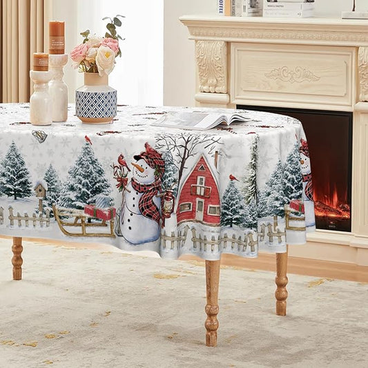 Horaldaily Christmas Tablecloth 60×84 Inch Oval, Winter Snowman House Christmas Trees White Washable Table Cover for Party Picnic Dinner Decor