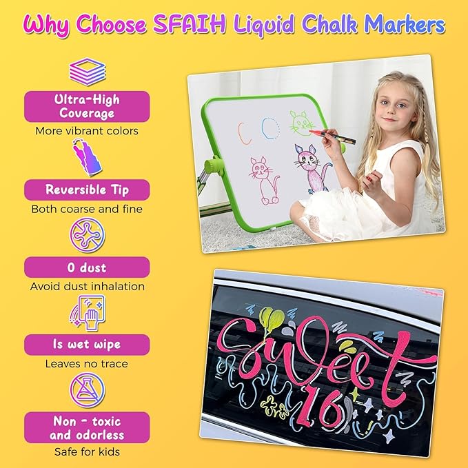 SFAIH 10 Pastel Liquid Chalk Markers [1s Wet Wipe] - No Residue, 6mm Chalkboard Markers for Blackboard, Calendar, Windows, Glass, Zero Dust, Non-Toxic, Chalk for Kids, School Teacher Must Haves