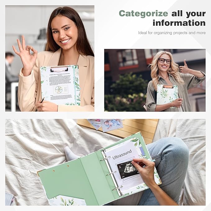 Ospelelf Small Three Ring Binder 2 Inch, Green Floral Round Ring Clipboard Binder with 5 Tab Dividers, for School and Office Supplies, Greenleaf