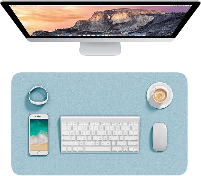 Hsurbtra Desk Pad, 23.6" x 13.8" PU Leather Desk Mat, M Extended Mouse Pad, Waterproof Desktop Blotter Protector, Non-Slip Ultra Thin Small Laptop Keyboard Writing Mat for Office Home, Lake Blue