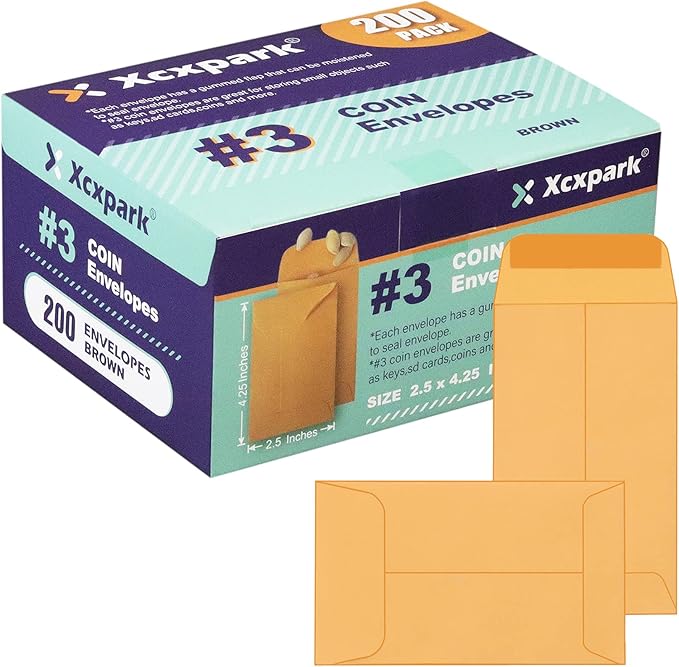 200PCS #3 Coin Envelopes 2.5x4.25 inches Brown Kraft Envelopes Classic Small Parts Gummed Flap for Coins, Cash, Credit Cards, Seeds