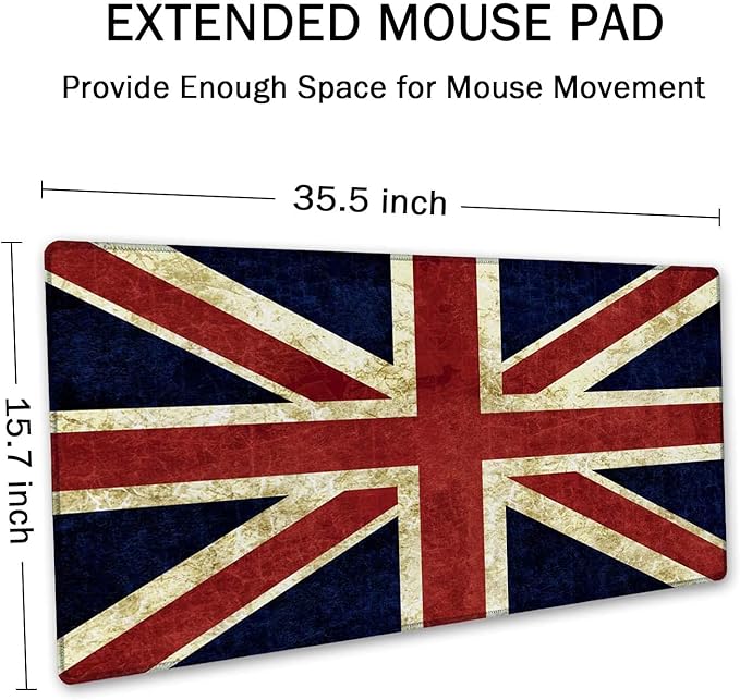 SSOIU Extended Gaming Mouse Pad (35.5x15.7 in), Large Non-Slip Rubber Base Mousepad with Stitched Edges, Waterproof Keyboard Mouse Mat Desk Pad for Work, Game, Office, Home - Flag of England