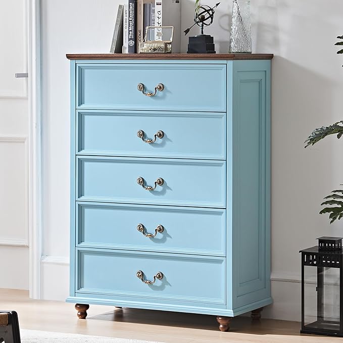 Farmhouse 5 Drawer Dresser Set of 2 for Bedroom, 45" Tall Vintage Chests of Drawers w/ 4 Solid Wood Feet, Mid Century Rustic Closet Storage Dressers Organizer for Living Room, Light Blue
