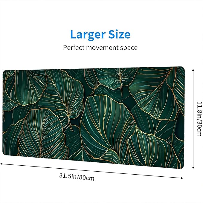Green Leaves Desk Mat Gaming Mouse Pad Gold Tropical Palm Leaves Large Gaming Mouse Mat with Stitched Edges,Non-Slip Waterproof Rubber Base Mous Mat Office Computer Keyboard Laptop Home 31.5"x11.8"