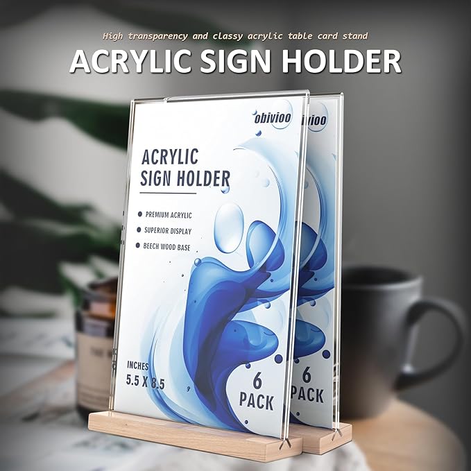 Acrylic Sign Holder 5.5x8.5 with Wood Base, Clear T shape Table Display Stands for Office, House, Store, Restaurants, and Event use, Double side Flyer Holder for Ads, Menu, Picture etc.(6 packs)
