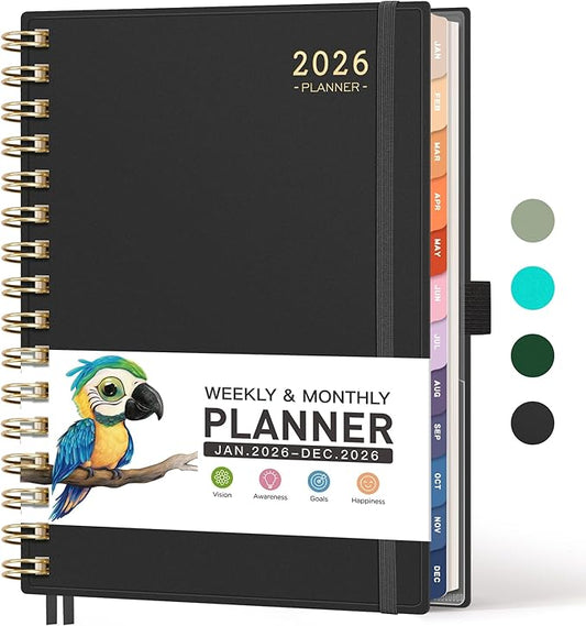RETTACY 2026 Planner, Weekly and Monthly, Medium Size (5.7" x 8.3"), Jan - Dec 2026, Agenda, Calendar, 12 Month Tabs, Flexible Plastic Cover, 100 GSM Thick Paper, Spiral-bound (Black)