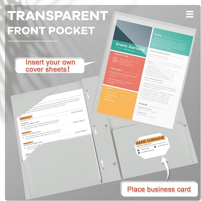 Henoyso 48 Pcs Plastic Folder with Clear Front Pocket and 3 Prongs Heavy Duty Plastic Folders with Card Slot Pocket Folders with Prongs for School Office Home(Grey，White)