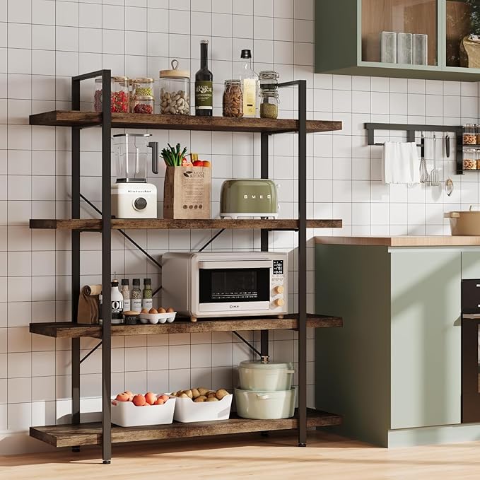 Heavy Duty 4-Tier Industrial Bookcase, 47" Wide Wood Bookshelf for Home Office, 120lbs Shelf Capacity, Rustic Open Shelving Display with Reinforced Horizontal Shelf for Living Room Bedroom