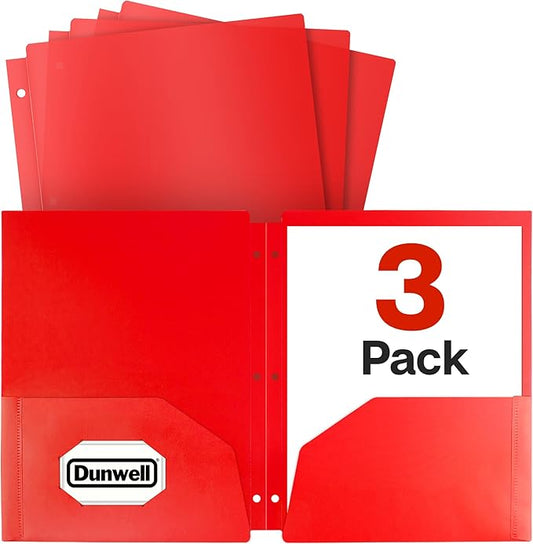 Dunwell Plastic 2-Pocket Folders for 3-Ring Binders, (3 Pack, Red) 3 Hole Punched, Divider Folder for Notebooks, Long Lasting Poly, Fits 8.5x11 Sheets, Includes Labels