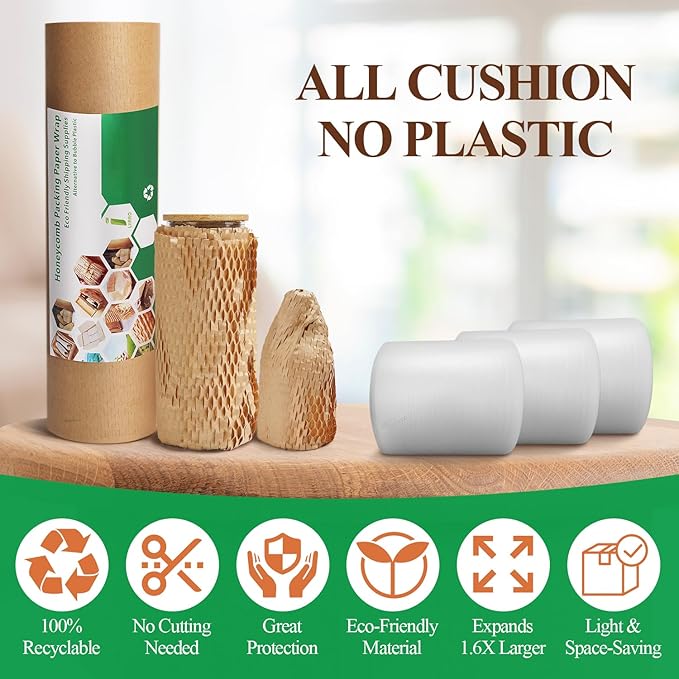 Honeycomb Packing Paper Wrap 12"x60' Recycled Bubble Cushioning Wrap Roll Eco Friendly Shipping Boxes Moving Wrap Packing Supplies Material with 10 Fragile Sticker Labels