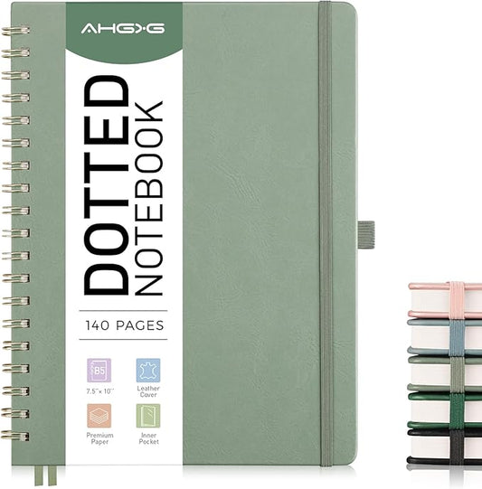 AHGXG Bullet Dotted Journal Spiral Notebook, Large B5 Dotted Notebook 140 Pages, Leather Hardcover, 100 GSM Thick Dot Grid Paper, Inner Pocket, for Bullet Journaling, 7.6" x 10", Sage Green