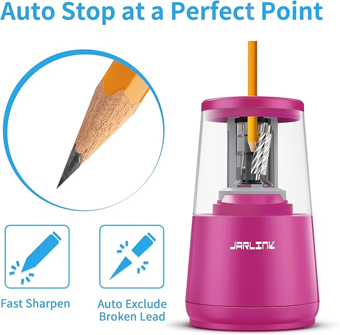 JARLINK Electric Pencil Sharpener, Heavy-Duty Helical Blade to Fast Sharpen, Auto Stop for No.2/Colored Pencils(6-8mm), AC Adapter/Battery Operated in School Classroom/Office/Home (Purple)