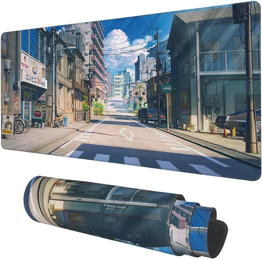 Desk Mat, Anime Summer Street Scenery Extended Gaming Mouse Pad Large, 35.4"x15.7" Big Mouse Pad with Non-Slip Base and Stitched Edge, Long Computer Keyboard Mouse Mat for Home Office Work