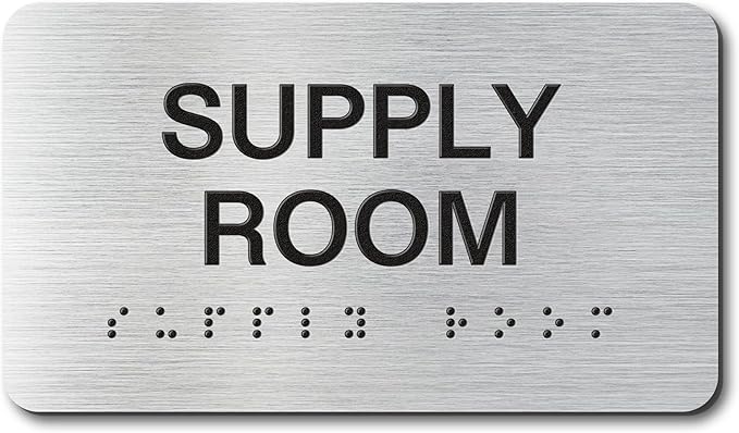 SUPPLY ROOM Signs with Raised Text & Grade 2 Braille, Brushed Aluminum/Silver Finish Easy Install with Double-Sided Tape, ADA Compliant Office Door Sign