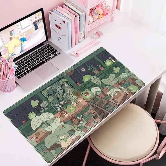 Cute Frog Kawaii Green Desk Decor Mat, Large Gaming Mouse Pad for Computer Keyboard Laptop, Home Office Accessories for Girl (31.5x15.7 in)-with Stitched Edges Pad
