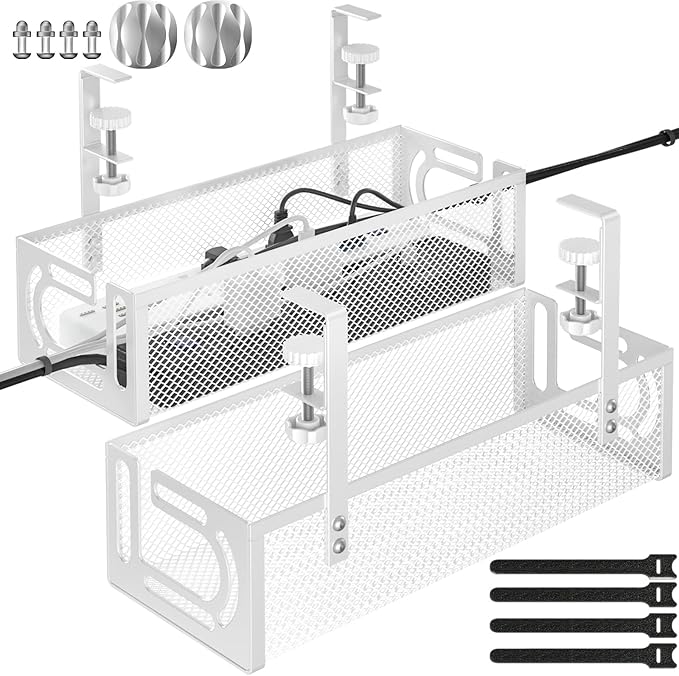 Under Desk Cable Management Tray, 15.7'' No Drill Steel Desk Cable Organizers, Wire Management Tray Cable Management Rack (2 Packs-White)