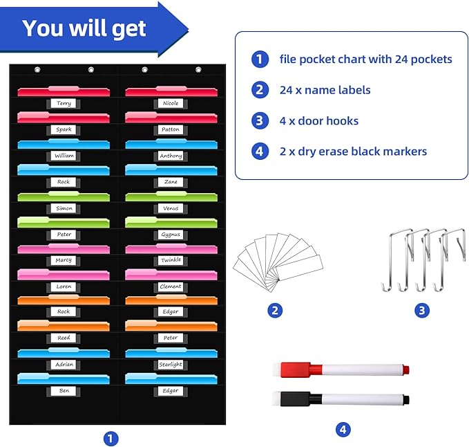 REGELETO 24 Pockets File Storage Pocket Chart with 24 Nametag Pockets, Hanging Wall File Organizer for Classroom and Office, Organize Your Assignments, Files, Scrapbooks, Paper (Black-24 pockets)