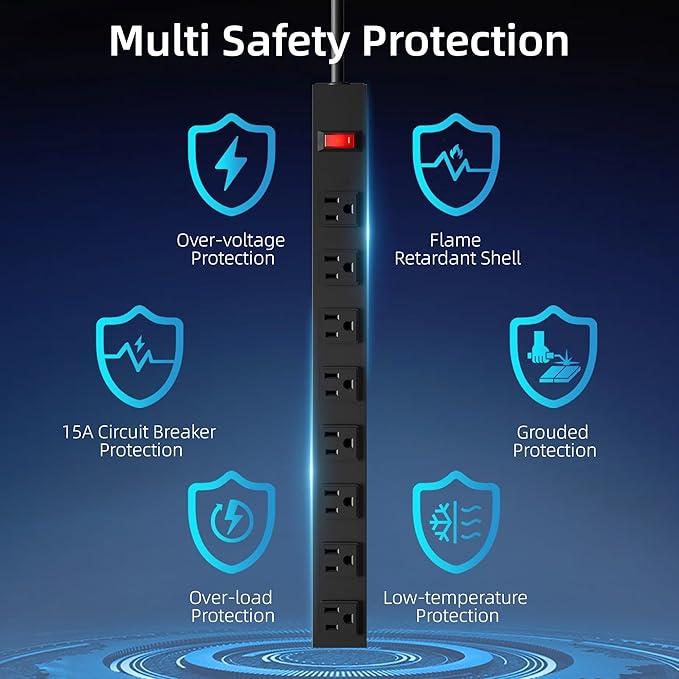 8 Outlets Metal Heavy Duty Power Strip with 12 Ft 14AWG Power Cord,Wide Spaced Outlets,Wall Mount Long Power Strip for Commercial,Industrial,School,Garage,Home,15A 125V 1875W,Black (12FT)