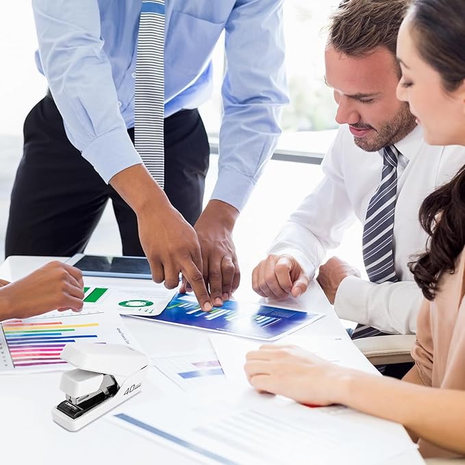 Deli Stapler, Effortless Staplers for Desk, 40 Sheet Capacity Heavy Duty, One Touch, No Effort, Easy to Load, with 2000 Staples & Staple Remover, Good for Office, Home Use, White